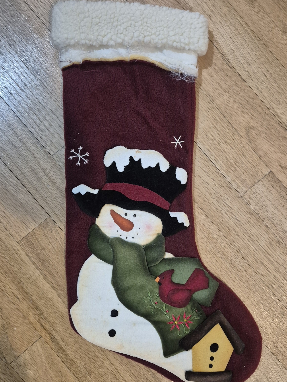 Vintage Prima Creations Style 3D Snowman Christmas Stocking Fleece Felt Cardinal